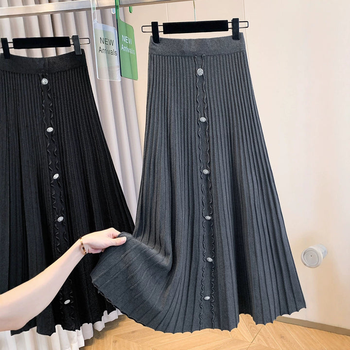 Damen Eleganter plissierter Maxirock mit Knopfdetails Drune