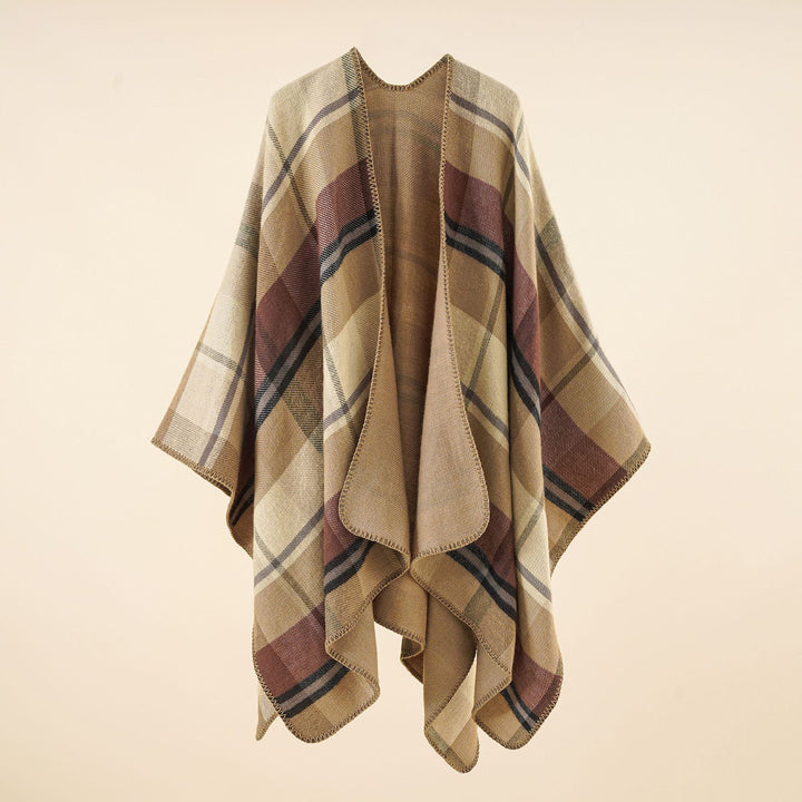 Damen Oversize-Rechteckponcho im Cape-Look mit Kettelsaum und Karomuster Drune