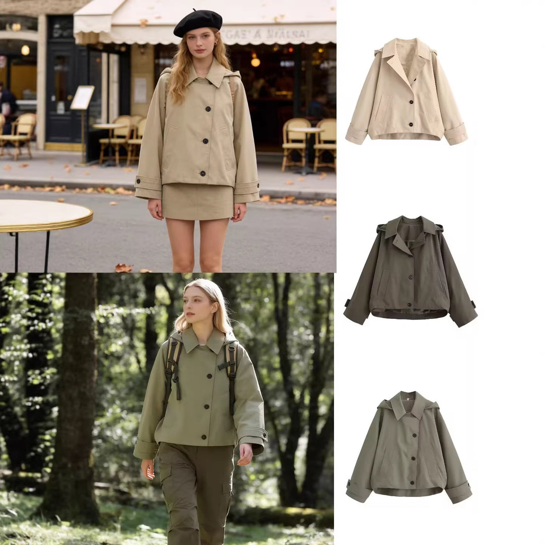 Damen Kurztrenchjacke im Boxy‑Schnitt mit Reverskragen und aufgesetzten Pattentaschen Drune