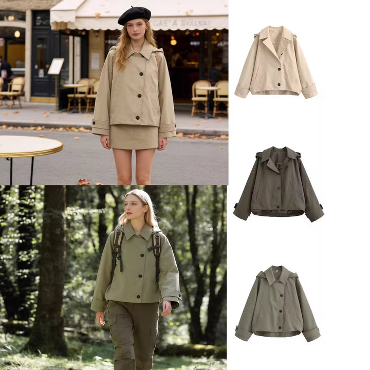 Damen Kurztrenchjacke im Boxy‑Schnitt mit Reverskragen und aufgesetzten Pattentaschen Drune