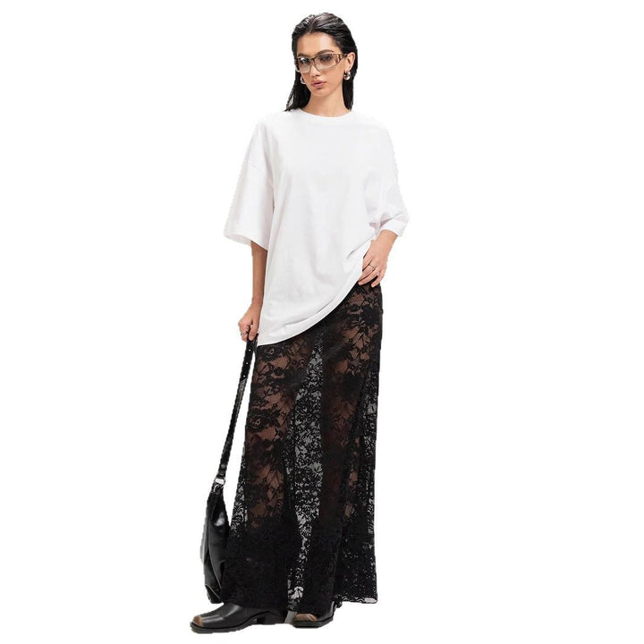 Damen nan weites Baumwollshirt und langer transparenter Spitzenrock Drune