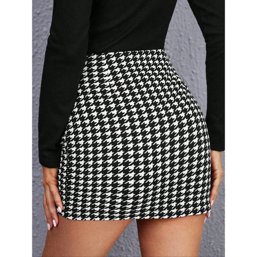 Damen Hahnentritt-Muster Minirock mit asymmetrischem Saum und Knopfdetails Drune