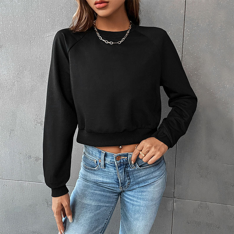 Damen Kurzes minimalistisches Sweatshirt mit Raglanärmeln und geripptem Saum Drune