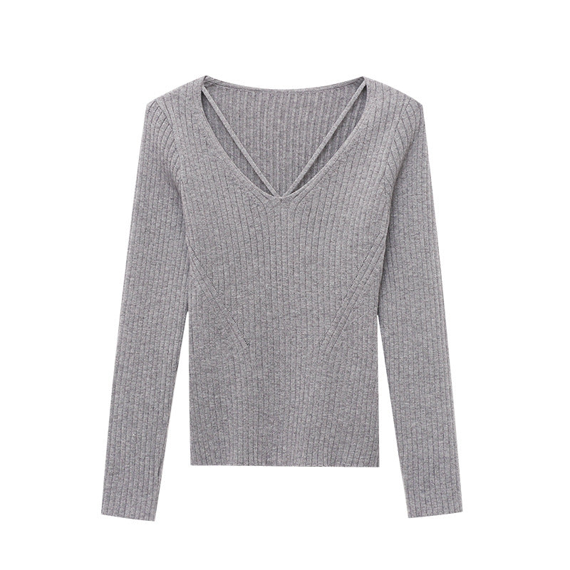 Damen figurbetontes Rippstrickpullover mit V-Ausschnitt und langen Ärmeln Drune