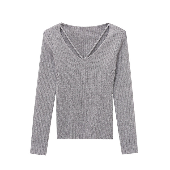 Damen figurbetontes Rippstrickpullover mit V-Ausschnitt und langen Ärmeln Drune