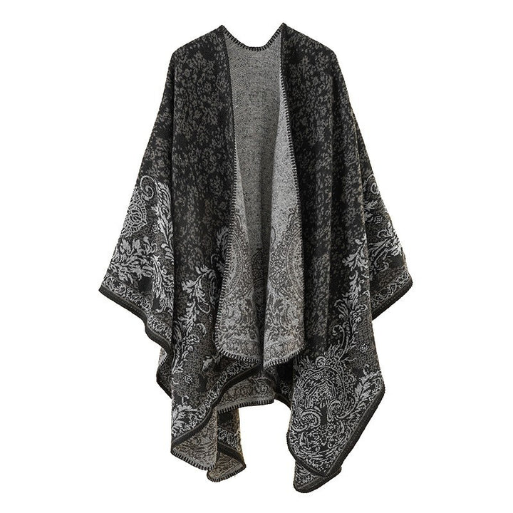 Damen Ornamentaler Jacquard‑Capeponcho mit offenem Fall und Zierkettelnaht Drune