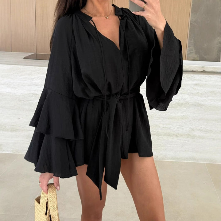 Damen Luftiges Kaftan-Oberteil mit weiten Ärmeln und Taillengürtel Drune