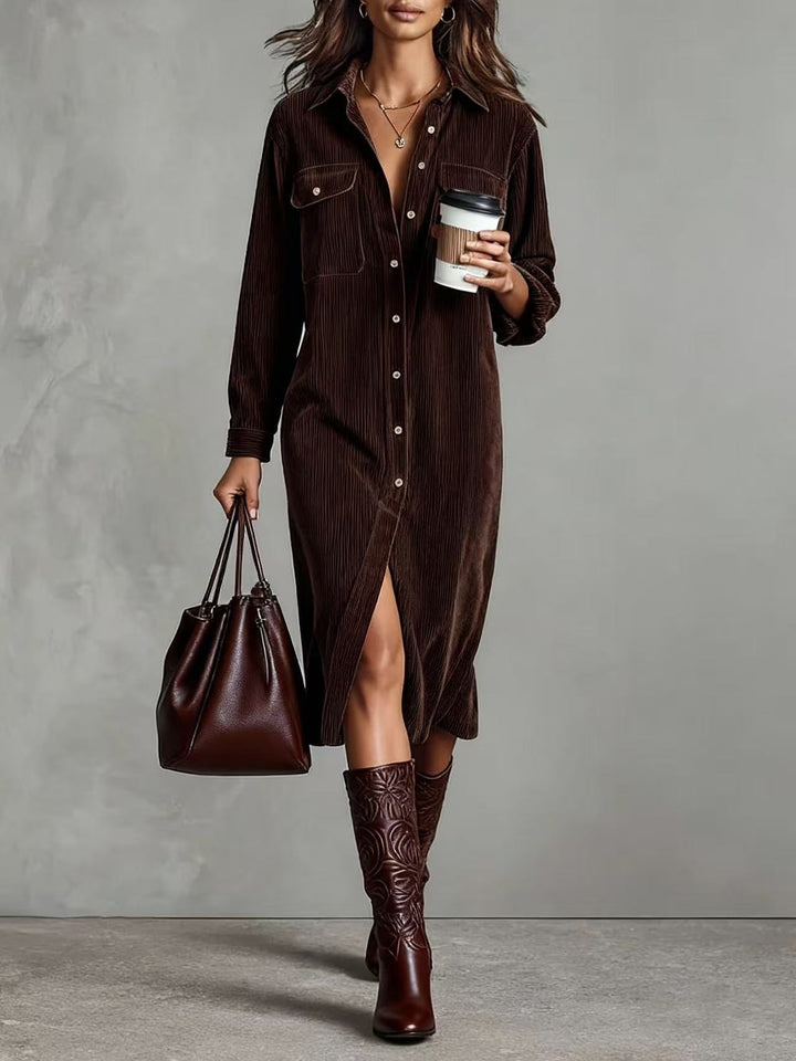 Damen Hemdblusenkleid aus Cord mit Brusttaschen, Knopfleiste und Schlitze Drune