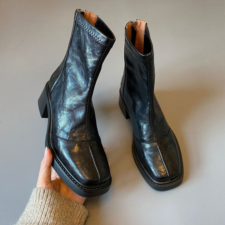 Damen knöchelhohe Lederstiefelette mit quadratischer Zehenpartie und rückseitigem Reißverschluss Drune
