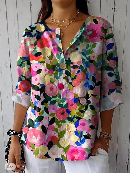 Damen Lose Blumenmuster Leinenlook Bluse Tunika mit V-Ausschnitt und Dreiviertelärmeln Drune