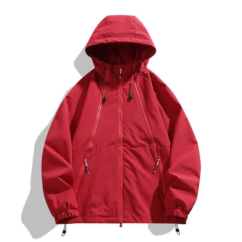 Unisex Leichter Kapuzen-Windbreaker mit wasserabweisender Oberfläche, Reißverschlusstaschen und Kordelzug Drune