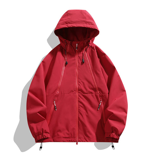 Unisex Leichter Kapuzen-Windbreaker mit wasserabweisender Oberfläche, Reißverschlusstaschen und Kordelzug Drune
