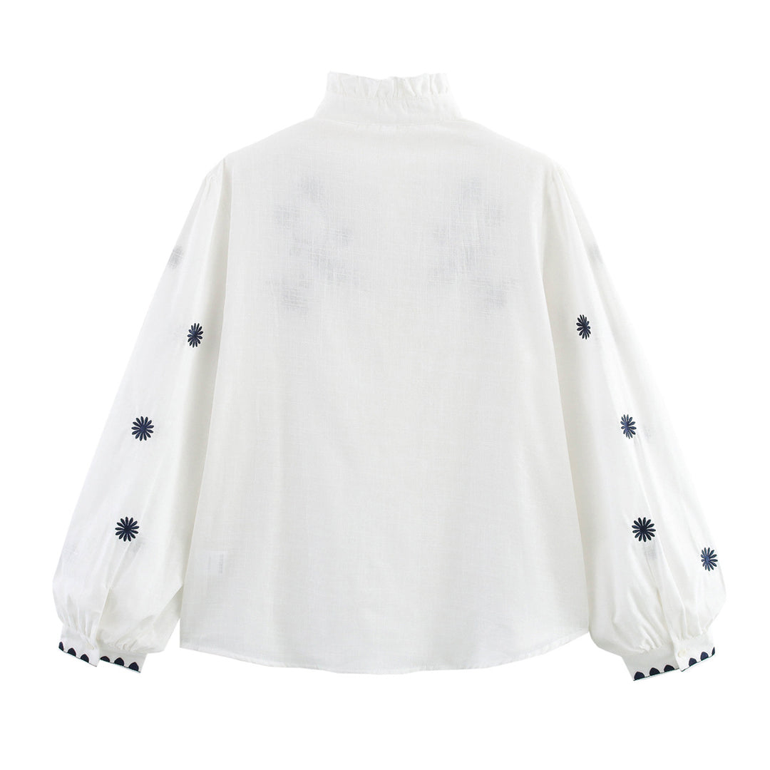 Damen Bestickte Bluse mit Stehkragen und langen Ärmeln Drune