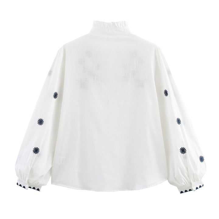 Damen Bestickte Bluse mit Stehkragen und langen Ärmeln Drune