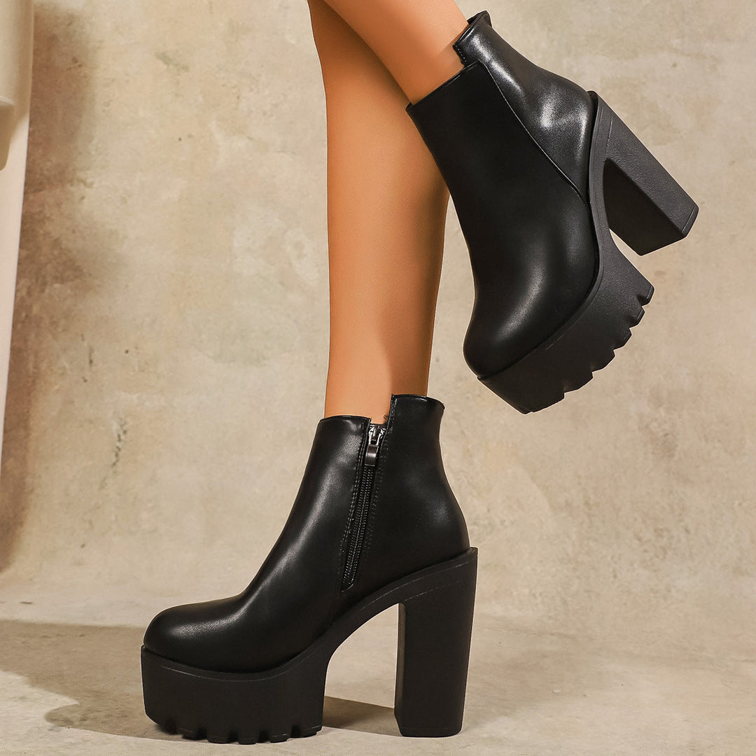Damen Modische Plateau Stiefeletten mit markantem Blockabsatz und Reißverschluss Drune