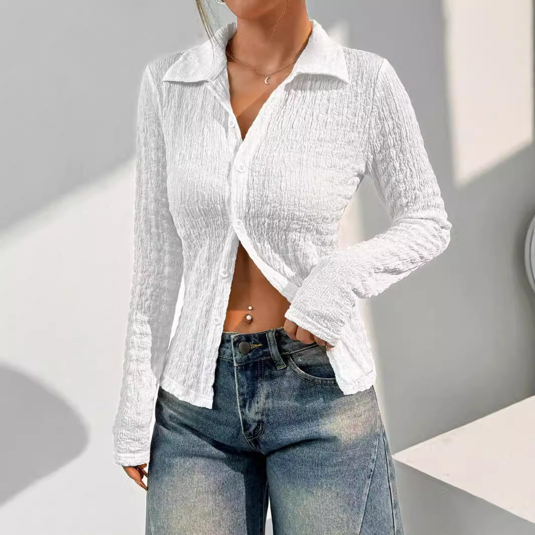 Damen nan Hemdbluse mit Kräuselstruktur, Hemdkragen und taillierter Passform Drune