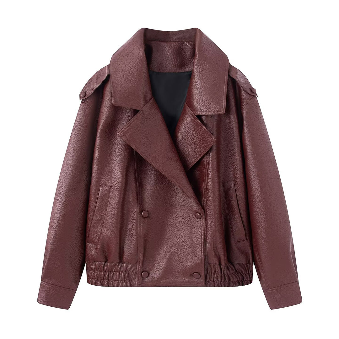Damen Oversized Kunstlederjacke mit großem Revers, doppelreihiger Druckknopfleiste und elastischem Saum Drune