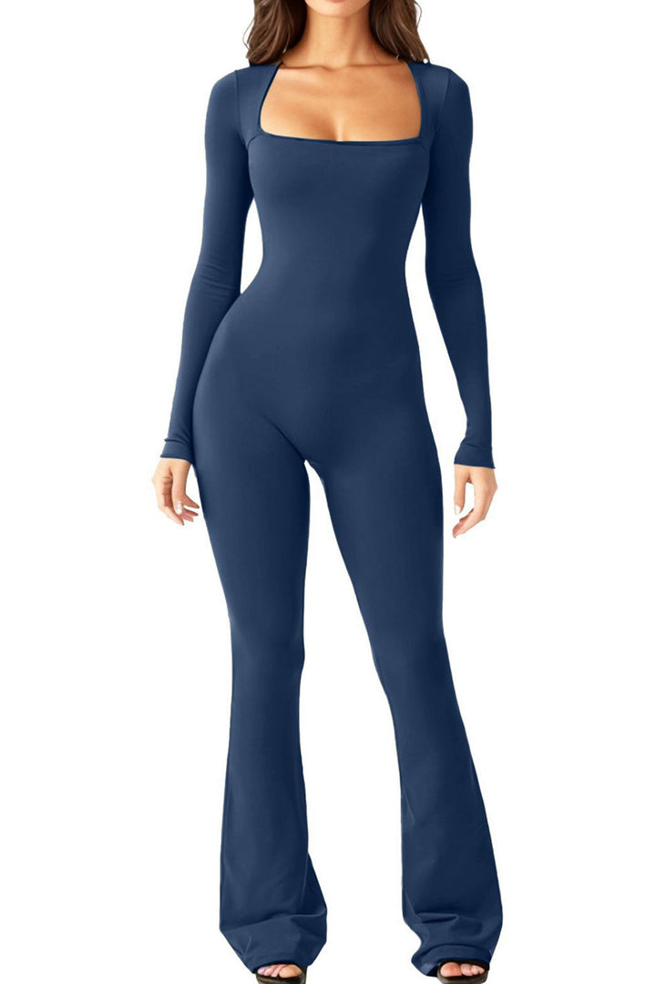 Damen nan figurbetonter Langarm-Jumpsuit mit quadratischem Ausschnitt und ausgestellter Schlaghose Drune
