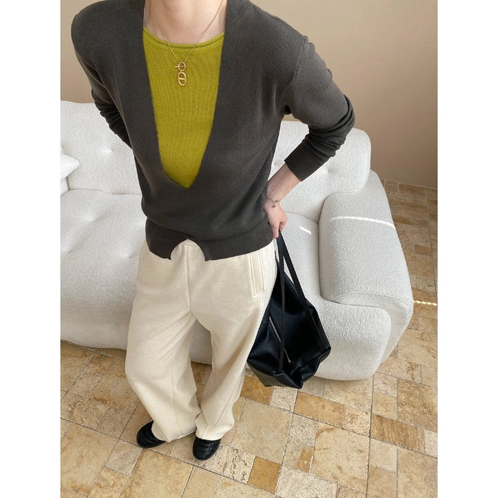 Damen figurbetonter V-Ausschnitt Pullover mit raffinierter Taillierung und feiner Textur Drune
