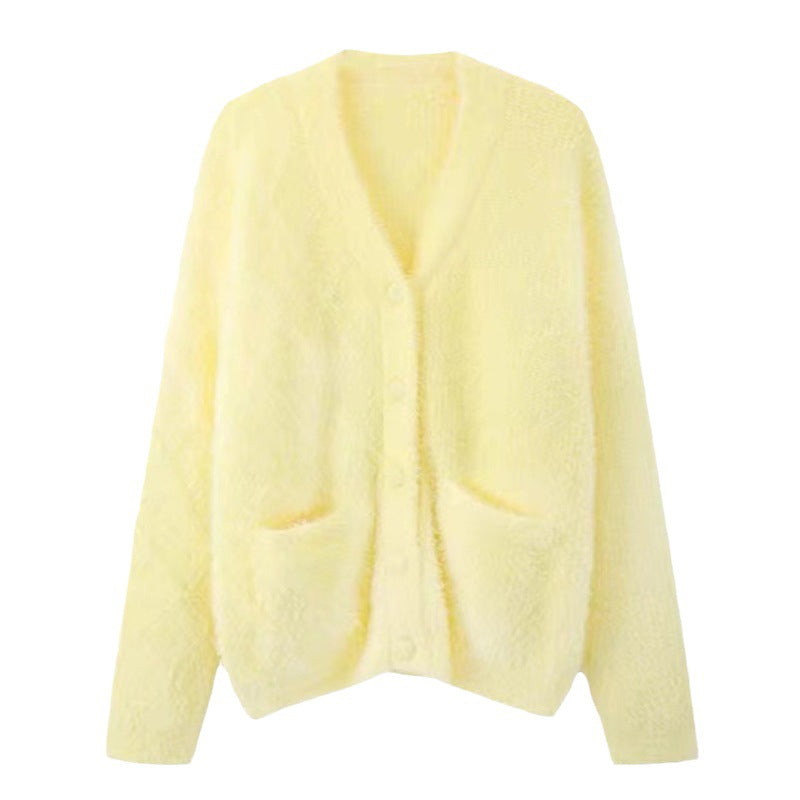 Damen kuschelige Strickjacke mit Knopfdetails und voluminösen Ärmeln Drune