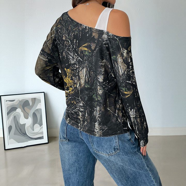 Damen Schulterfreies Langarmshirt mit Camouflage-Waldprint Drune