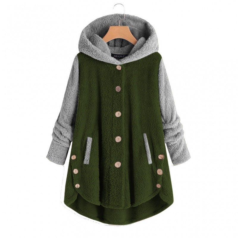 Damen Oversized Teddy-Mantel mit Kapuze, asymmetrischem Zipfelsaum und Holzknopf-Leiste Drune