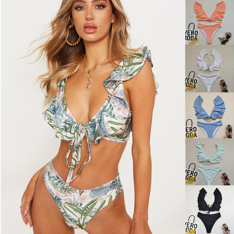 Damen Bikiniset mit Rüschen und Pflanzenmuster Drune