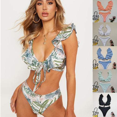 Damen Bikiniset mit Rüschen und Pflanzenmuster Drune