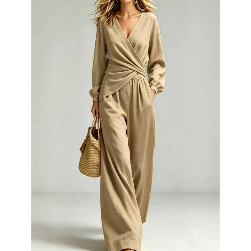 Damen Wickel-Jumpsuit mit weitem Bein und V-Ausschnitt Drune