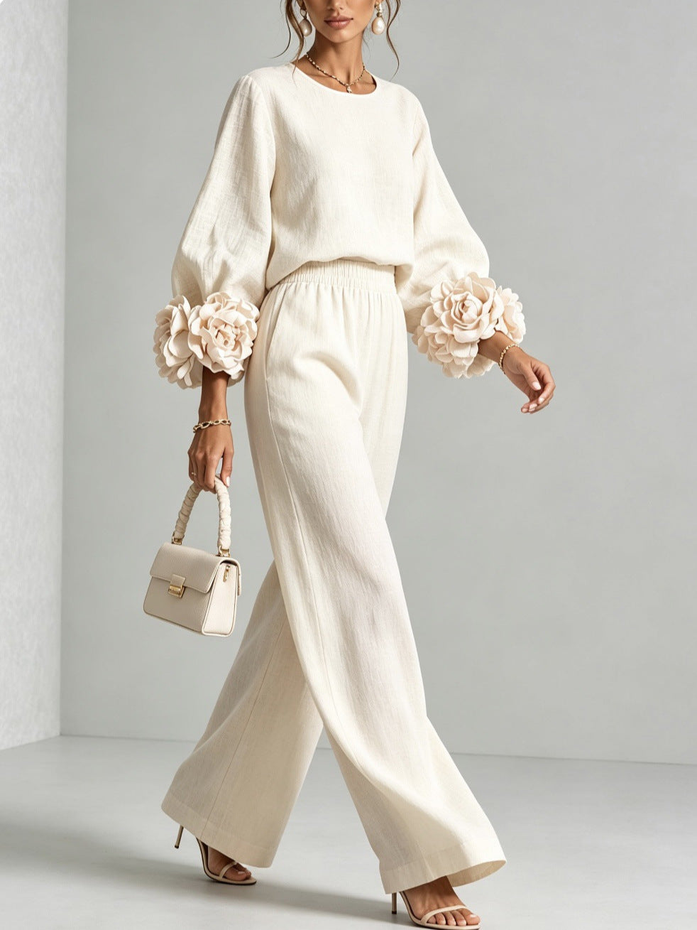 Damen Zweiteiliges Ensemble mit Ballonärmeln und Blumenmanschetten Drune