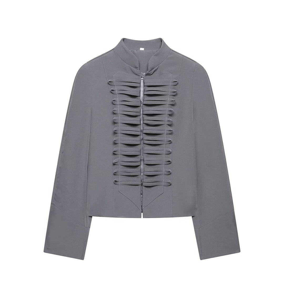 Damen Kurzbluse-Jacke mit gefalteter Rüschenpasse und Stehkragen Drune