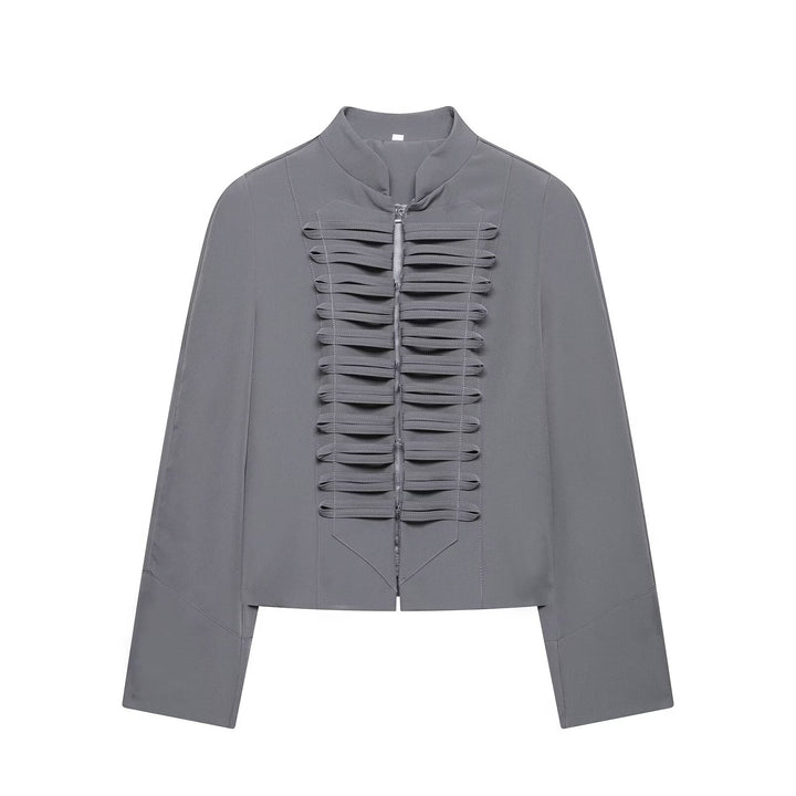 Damen Kurzbluse-Jacke mit gefalteter Rüschenpasse und Stehkragen Drune