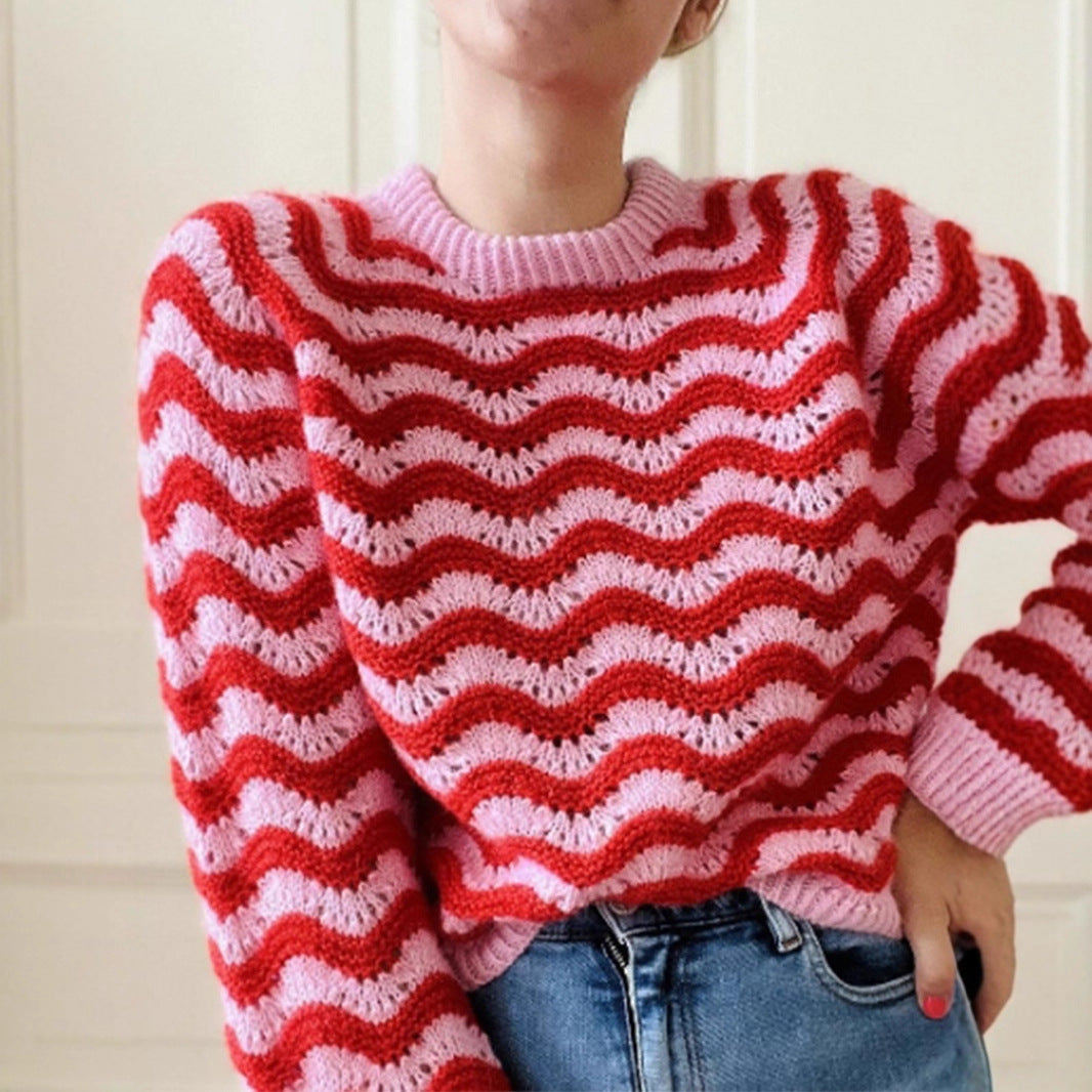 Damen Strickpullover mit wellenförmigem Muster und großzügigem Schnitt Drune