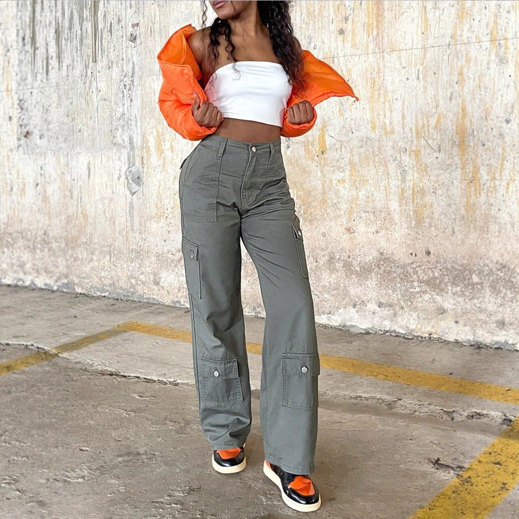Damen Cargo-Hose mit hoher Taille, weitem Bein und aufgesetzten Pattentaschen Drune