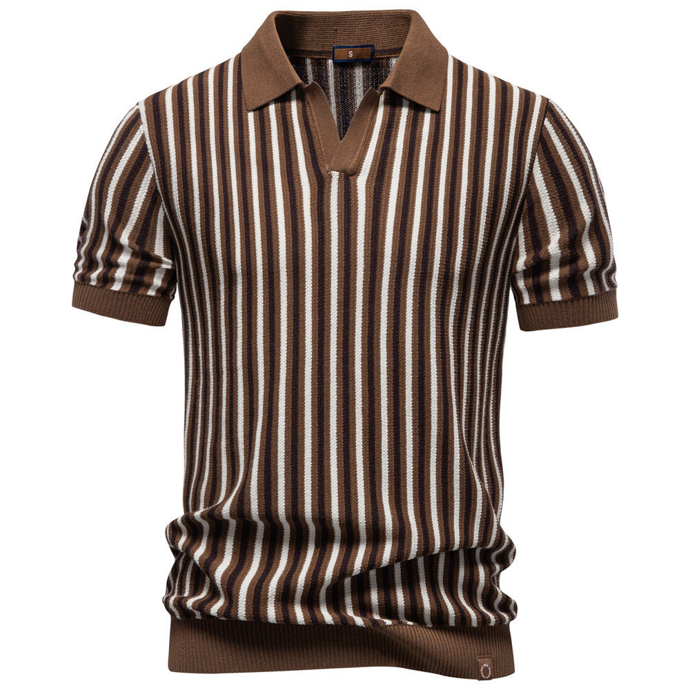 Herren nan gestreiftes Strickpoloshirt kurzarm aus feiner Baumwollmischung mit Polokragen und Rippbündchen Drune