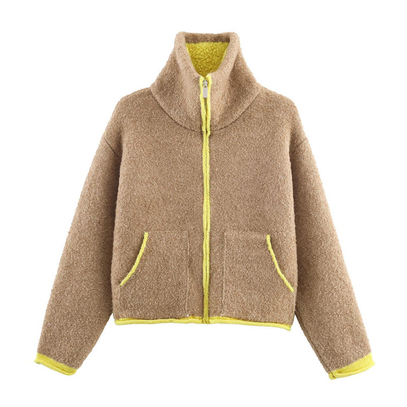Damen modische Oversized Fleecejacke mit hohem Kragen und praktischen Taschen Drune