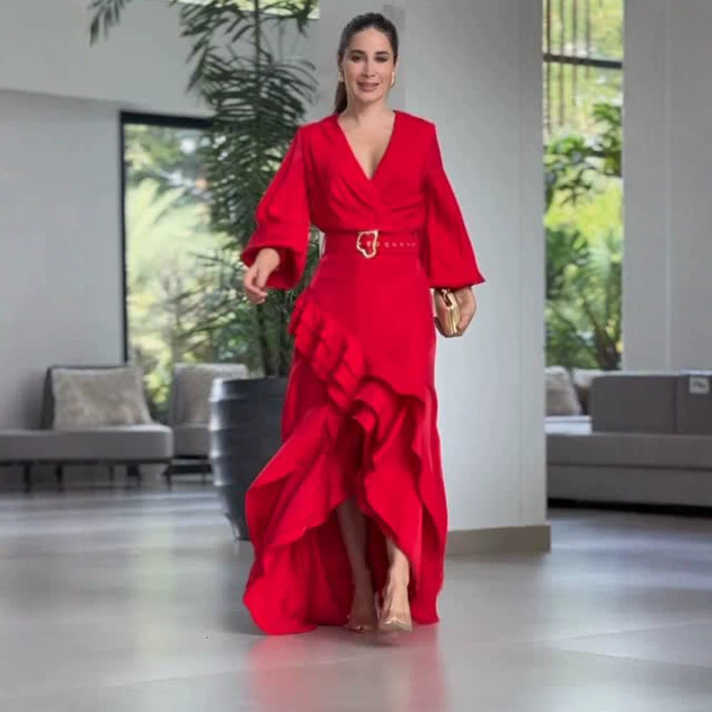 Damen Elegantes Wickel-Maxikleid mit Volants, tailliertem Gürtel & weitem Glockenärmel Drune