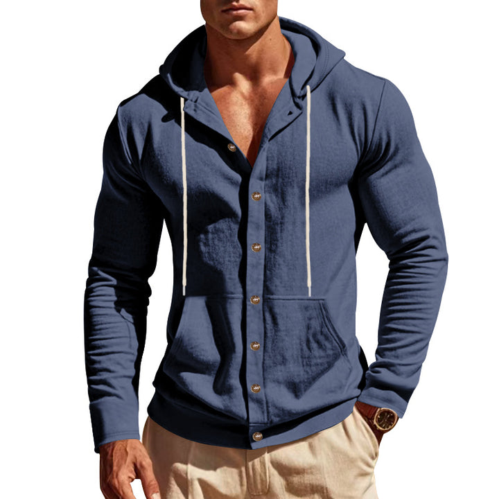 Herren nan sportive Kapuzenjacke mit Knopfverschluss, Kängurutasche und figurbetonter Passform Drune