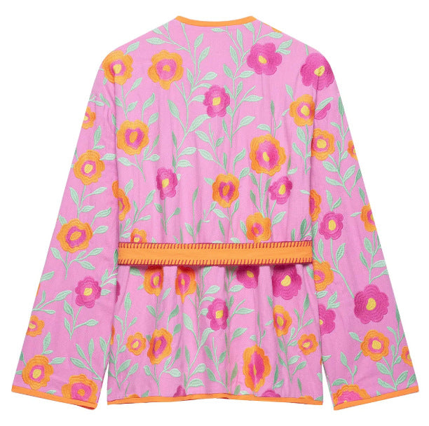 Damen Bestickte Kimonojacke mit Blumenstickerei, Bindegürtel und kontrastierendem Besatz Drune