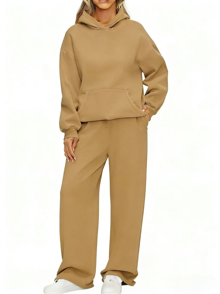 Damen nan Cozy-Loungewear-Set mit oversized Kapuzenpullover, Kängurutasche und weiten Palazzo-Jogginghose Drune