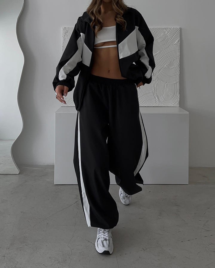 Damen sportives Zweiteiler-Set aus Oversize-Trackjacke mit Reißverschluss und weitem Bundfalten-Hose Drune