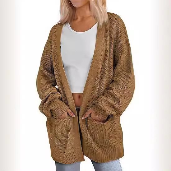 Damen lässige Strickjacke mit weiten Ärmeln und tiefem V-Ausschnitt Drune