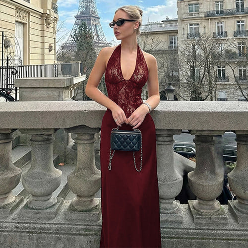 Damen Elegantes Maxikleid mit tiefem V-Ausschnitt und Spitzeneinsatz Drune
