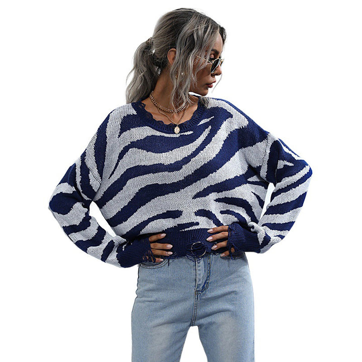 Damen Modischer Cropped Pullover mit Zebramuster Drune