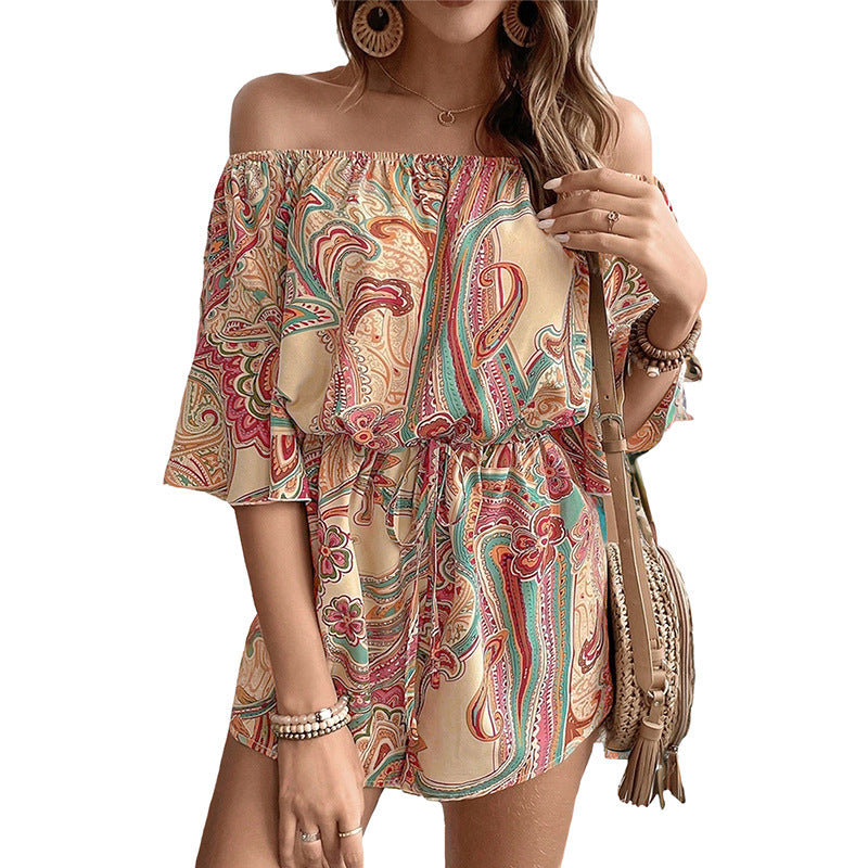 Damen Off-Shoulder Playsuit mit buntem Paisleymuster und elastischem Taillengürtel Drune