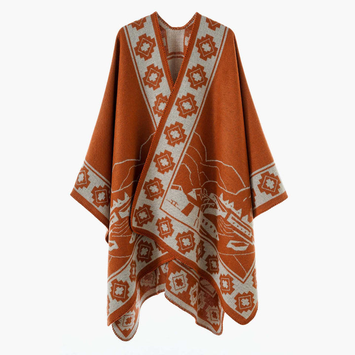 Damen Jacquard‑Strickponcho mit offenem Fall und Bordüren‑Detail Drune