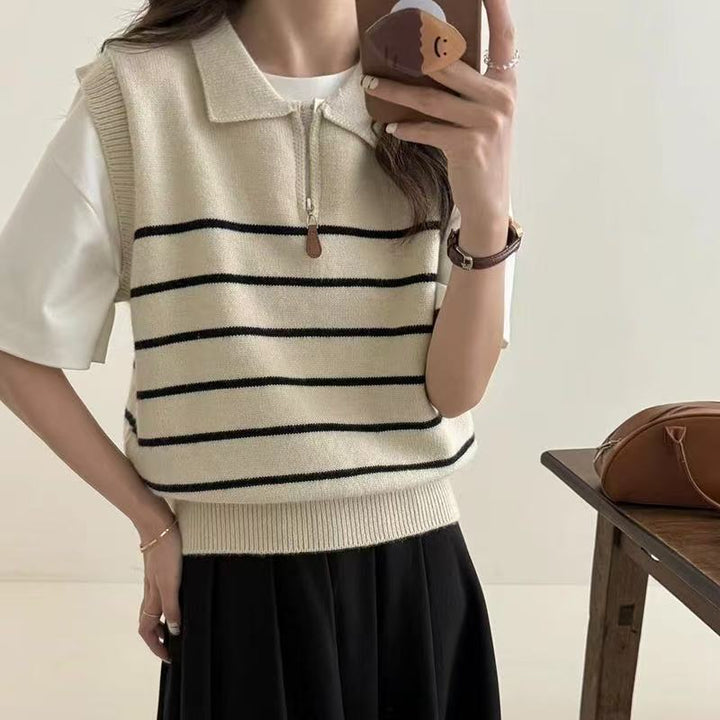 Damen Strickpullover mit Reißverschluss und Streifenmuster Drune