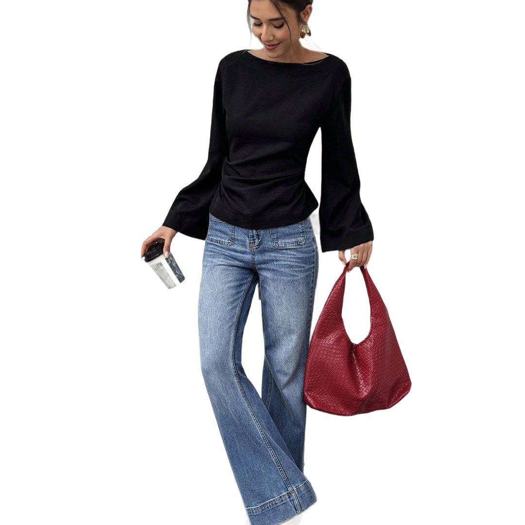 Damen Bootneck-Langarmshirt mit weitem Manschettenärmel und figurbetonter Seitennaht Drune