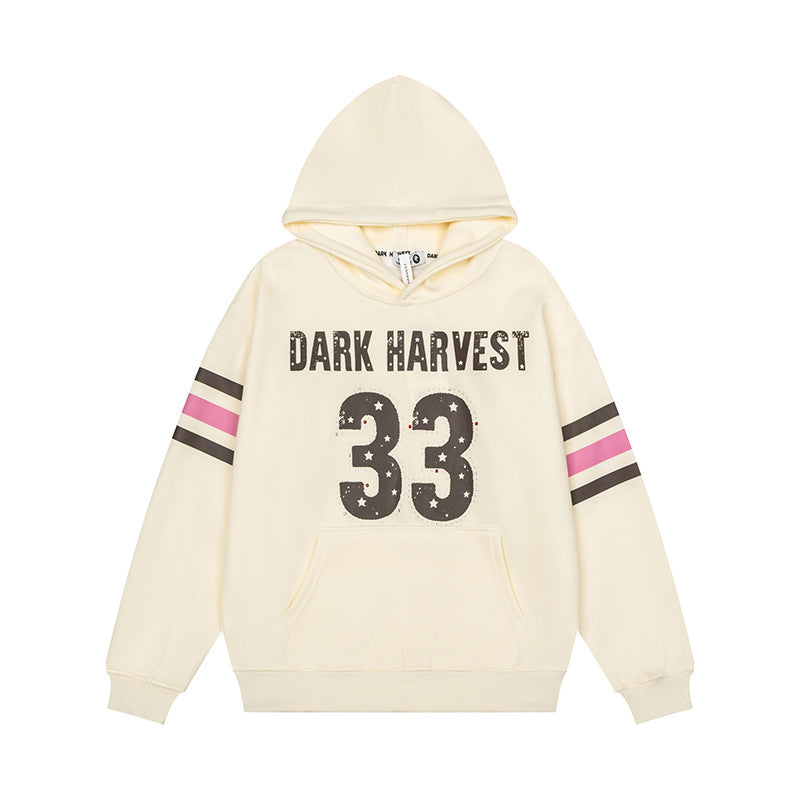 Damen Oversize-Kapuzenpullover mit Vintage‑Nummernprint, Nietenbesatz und Kontraststreifen an den Ärmeln Drune