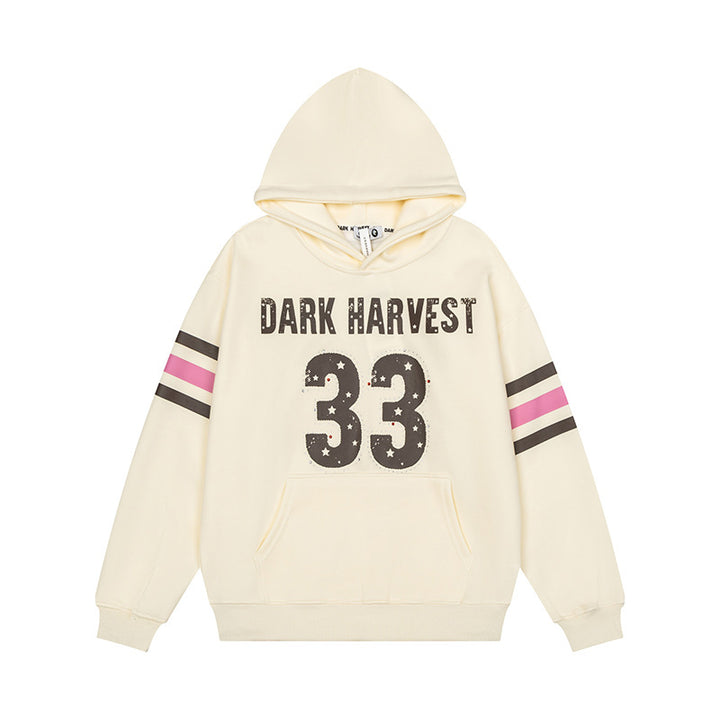 Damen Oversize-Kapuzenpullover mit Vintage‑Nummernprint, Nietenbesatz und Kontraststreifen an den Ärmeln Drune